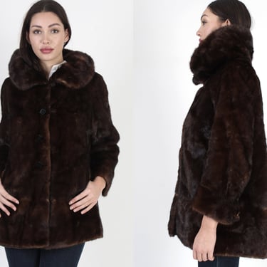 Dark Brown Mink Short Waist Coat / Genuine Mahogany Mink Jacket With Large Shawl Roll Fur Back Collar M L 