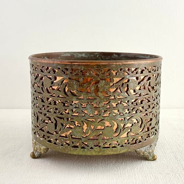 Vintage Filigree Brass and Copper Planter, Footed Ornate Aged Brass Plant Bowl with Copper Bowl Insert 