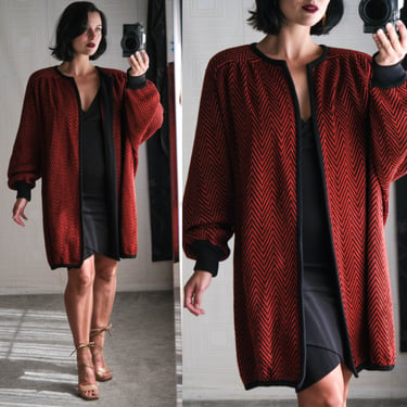 Vintage 80s VALENTINO Red & Black Chevron Pattern Longline Knit Open Cardigan | Made in Italy | 100% Wool | 1980s Designer Sweater Winter 