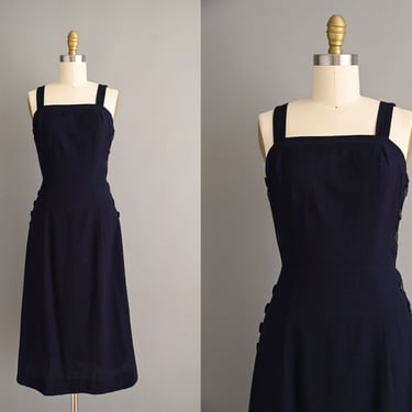 vintage 1940s Dress | Deep Navy Blue Full Button Crepe Dress | Medium 