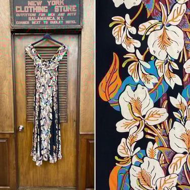 Vintage 1940’s Kamehameha Black Background Silky Rayon Tiki Holo Muu Floral Hawaiian Dress, Holo Muu, Tiki, Hawaiian Dress, 1940s Dress, 