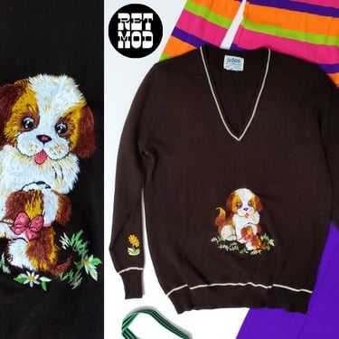 Soft Vintage 70s 80s Cute Dogs Embroidery Dark Brown V-Neck Lightweight Sweater 