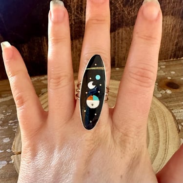 HAROLD SMITH Pueblo Night Sky Inlay Ring | Native American Navajo Southwestern | Silver Turquoise Coral Mother of Pearl Jet | Size 5 1/2 