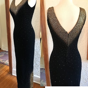 Stunning Vintage 1950's/ 1960's Black and Gold Beaded Knit Cocktail Dress /Gown Size Small /Medium 