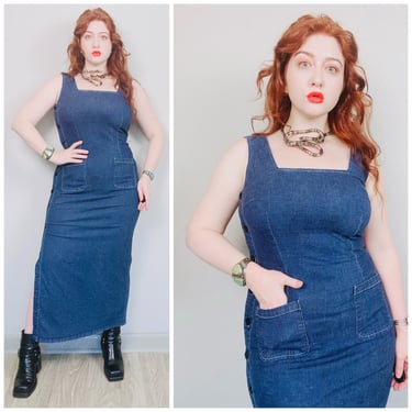 1990s Vintage Dark Wash Stretch Denim Dress / 90s Wiggle Side Button Wiggle Dress / Size Medium - Large 