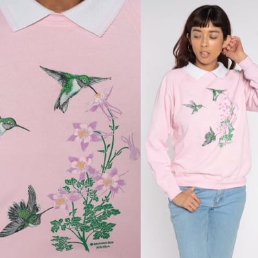 Hummingbird Sweatshirt Bird 90s Sweatshirt Graphic Flower Print Grandma 1990s Baby Pink Collared Sweatshirt 80s Vintage Medium 