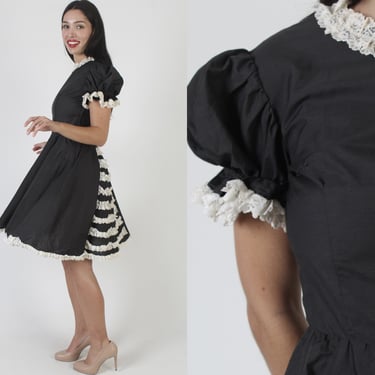 Country Cottage Uniform Dress, Black Puritan Prairie Schoolgirl Mini Dress, 50s Side Zip White Lace Gown 