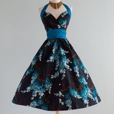 Gorgeous 1950's Midnight Tropical Cotton Halter Dress By Tabak / Small