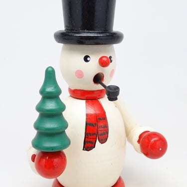 Vintage German Snowman Smoker Incense Burner, Hand Painted Wood for Christmas, Erzgebirge Germany Toy 