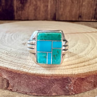 SEAFOAM CURRENTS Turquoise & Sterling Silver Geometric Inlay Ring Mens | Handmade Native American | Southwestern Jewelry | Size 11 