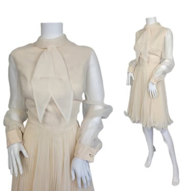 Jack Bryan 1960's Ivory Pussy Bow Chiffon Dress I Sz Med I Wedding I Vintage Wedding 