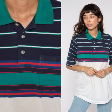 Striped Polo Shirt 90s Collared Top Quarter Button Up Tshirt Navy Blue White Red Green Stripes Short Sleeve Shirt Vintage Retro Mens Large L 