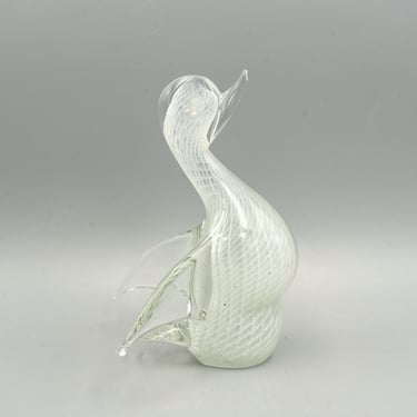 Murano Filigrana Reticello White Glass Duck | Vintage Italian Art Glass Bird 