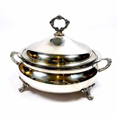 Vintage Footed Silverplate Lidded Tureen with Floral Handles | 15”x10” | Marked 