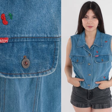 90s Denim Vest Top Embroidered Cherry Crop Top Jean Shirt Sleeveless Blue Top 1990s Vintage Fruit Button Up Medium 
