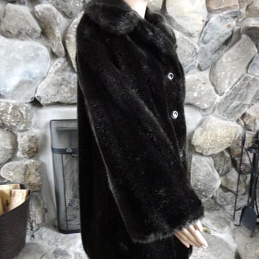 Vintage Dark Brown Faux Fur Swing Coat 60s Mod Plush Thick Pile Mid Length Overcoat Winter Outerwear Cruelty-Free Vegan Women's Clothing Med 