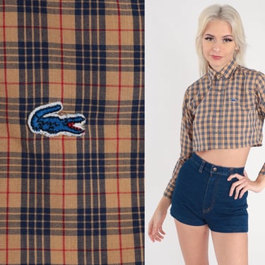 Izod Plaid Blouse 90s CROP TOP Checkered Shirt Lacoste Button Up Shirt 1990s Long Sleeve Vintage Tan Blue Retro Extra Small xs 