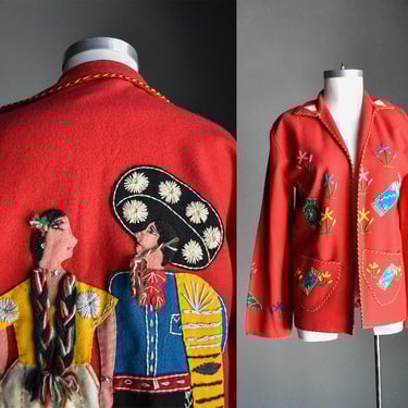 Vintage Red Wool Mexican Souvenir Jacket / Mexican Embroidered Jacket Small / Embroidered Vintage Souvenir Jacket 