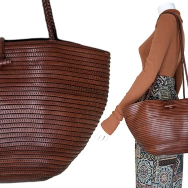 Vintage Leather Tote Bag / Boho Chic Shoulder Bag with Braided Strap / Medium Cognac Brown Leather Purse 