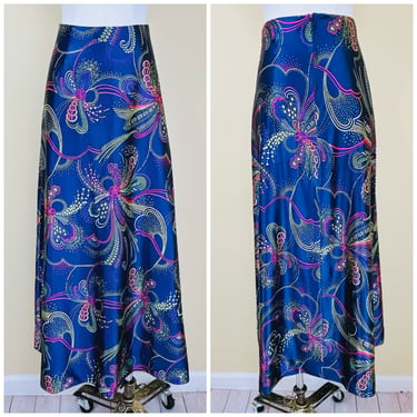 1970s Vintage Navy Blue High Waisted Psychedelic Maxi Skirt / 70s Floral Hippie Stretch Skirt / Small 