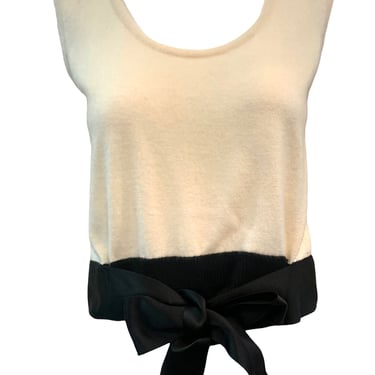 Chanel Y2K Two Tone Ivory Tank Style Sweater with Black Satin Waist Tie