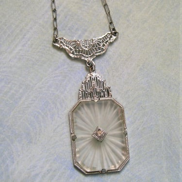 Antique 1920's Art Deco Camphor Glass Necklace, Camphor Glass Necklace, Deco Camphor Glass Pendant Necklace (#3946) 