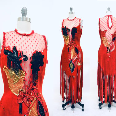 70s 80s AMAZING Vintage Red Leather Fringe Dress Sequin Lace Leather Cowgirl Fringe Dress Western Music Festival Boho Dress XS Small 
