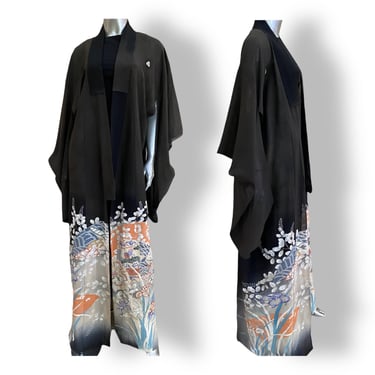 Vintage Kimono Womens Black Floral Print Duster Coat Robe Medium Large Japanese 