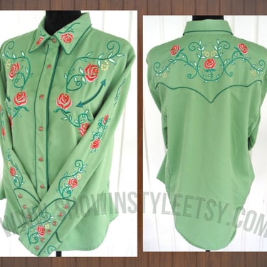 Vintage Retro Women's Cowgirl Western Shirt by Scully, Rodeo Blouse, Embroiderd Pink Roses, Green Leaves, Tag Size XLarge (see meas. photo) 