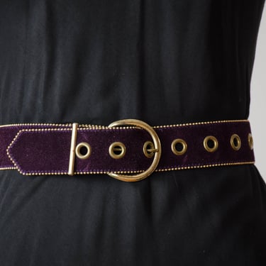 purple leather belt | 80s 90s vintage dark purple gold studded wide suede statement belt 