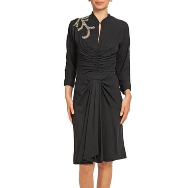 1940S HOWARD GREER Black Silk Crepe Cocktail Dress With Beaded Shoulder Detail 