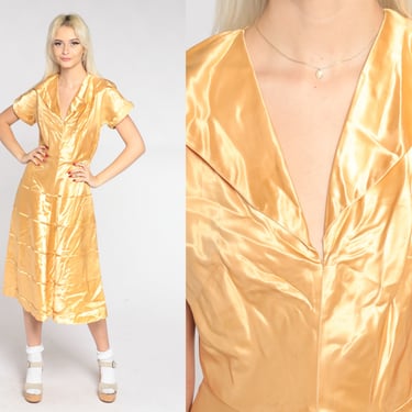 40s Dress Gold Silk Satin Midi Dress Collared Retro Party Formal Cocktail Dress Tea Length Glam Short Sleeve V Neck Vintage 1940s Small S 