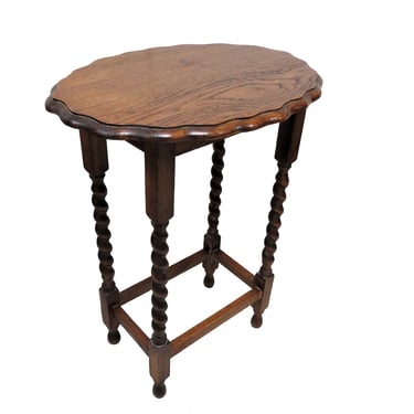 Wooden Side Table | Antique English Oak Barley Twist Scalloped Edge Oval Accent Table 