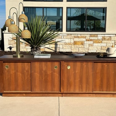 93.5" Extra Long Custom Mid Century Modern Walnut Sideboard with Double Sliding Door Cabinets, C. 1960s 