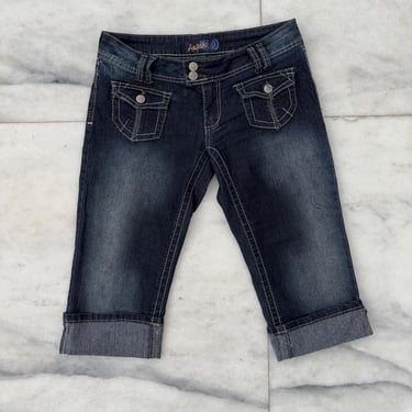 Y2K VTG Angels Denim Capri Jeans Low Rise Women Cuffed Hem Pockets Blue Size 9 