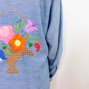 Hand Embroidered Country Blouse // vintage cotton boho hippie floral rainbow  hand embroidered dress hippy chambray // O/S 