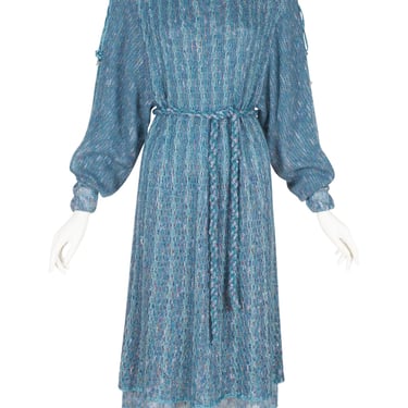 Mary Farrin 1970s Vintage Blue Wool Knit Dolman Sleeve Belted Dress Sz S 