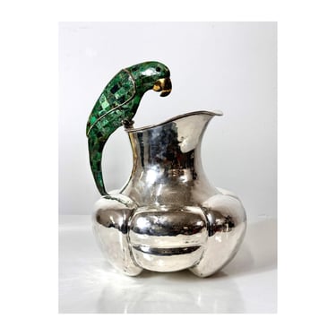 Vintage Mid Century Los Castillo Silver Plate Pitcher with Turquoise Parrot Handle Taxco Mexico 1950s 