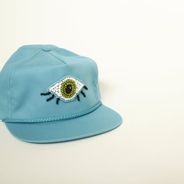 Beaded Third Eye Upcycled Vintage 90's Hat - Turquoise - Glass Beads and Button Eye - Leather Adjustable Strap 