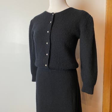 Super soft slightly fuzzy black sweater dress ~ fitted with pearly buttons~ 1980’s angora & lambswool knit dress /size SM 