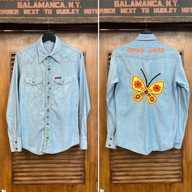 Vintage 1970’s Custom “Foxy Lady” Butterfly Embroidery Chambray Western Shirt, 70’s Vintage Clothing 