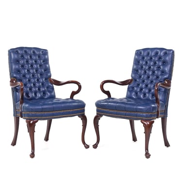 Hancock and Moore Style Mahogany & Leather Queen Anne Chesterfield Tufted Nailhead Lounge Chairs - Pair - mcm 