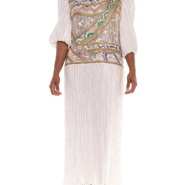 1980S Mary Mcfadden White  Pastels Silk Jersey Signature Pleated Gown With Beaded Embellishment 