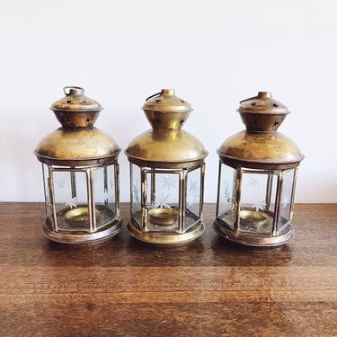 Vintage Brass Etched Glass Lantern Candle Holders, Set of 3 