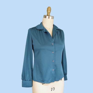 Vintage 1970s Teal Blue Button Down Shirt, Vintage 70s Long Sleeve Collared Blouse 