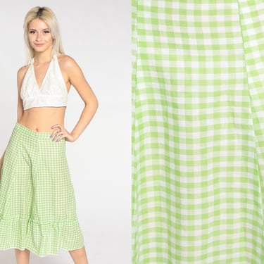 Green Gingham Skirt 70s Midi Skirt White Checkered Retro Tiered High Waisted Bohemian Hippie Cottagecore Summer Vintage 1970s Small S 28 