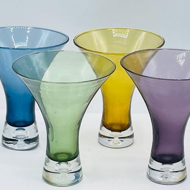Vintage set of (4 ) Pastel Colored Hand Blown Flared  Cordial Glasses- Thick Base with Bubble 