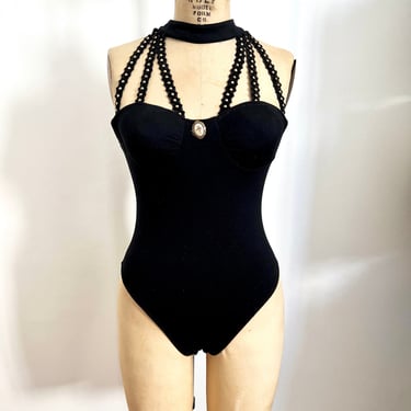 1980s Tadashi Striped Mesh Snap Crotch Bodysuit