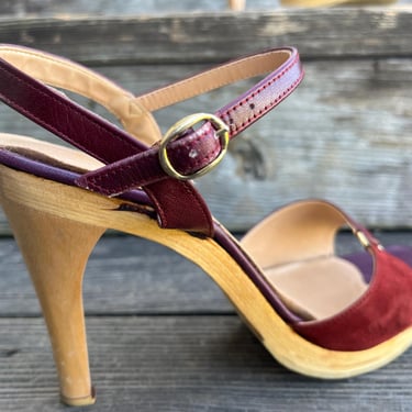 vintage leather high heel sandals 1970s oxblood red strappy disco shoes 8 