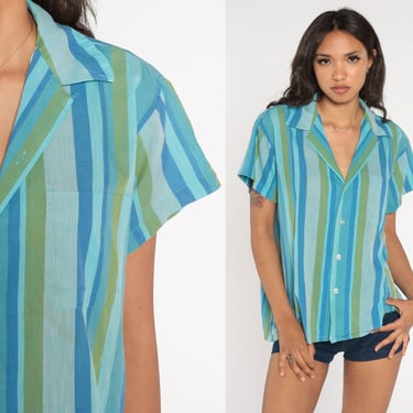 70s Striped Shirt Blue Green Button Up Top Retro Preppy Seventies Summer Blouse Short Sleeve Collared Seventies Vintage 1970s Large L 